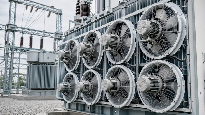 Heavy-duty transformer fan assembly mounted on radiator banks of an outdoor substation power transformer