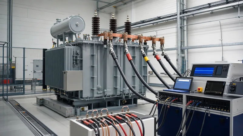 Transformer impedance test setup showing power transformer during factory acceptance short-circuit test