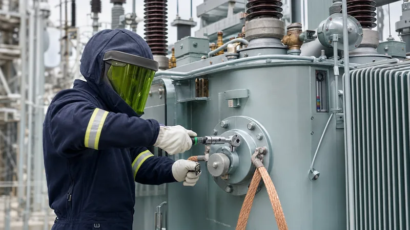Electrical engineer performing a transformer oil leak repair on a substation transformer flange