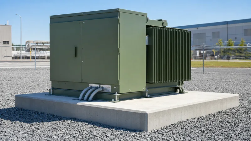 Engineered precast concrete transformer pad installed in an outdoor distribution substation