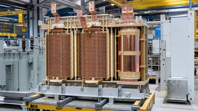 Transformer primary and secondary copper windings assembled on a core in a factory