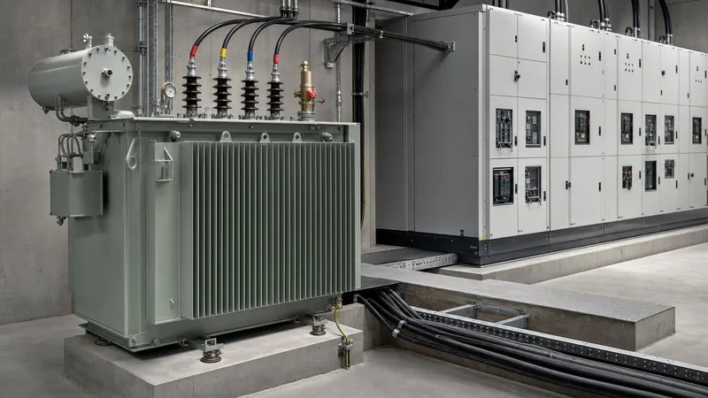 Industrial distribution transformer selection chart layout showing high voltage unit and circuit breaker switchboard