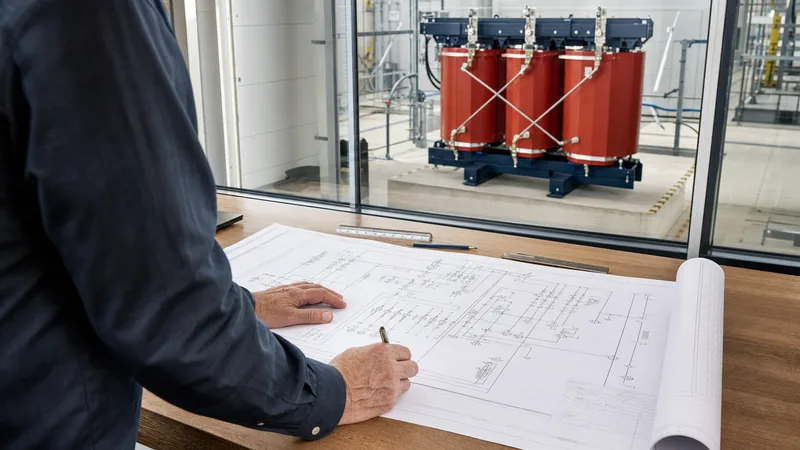 Electrical schematic diagram showing the transformer short form XFMR callout on a substation layout