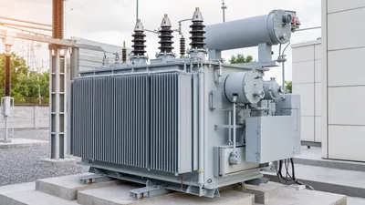 Outdoor distribution unit built to exact transformer specification with cooling radiators and high-voltage bushings