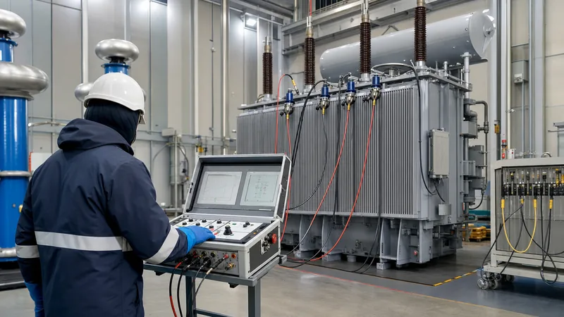 High-voltage transformer testing equipment connected to bushings for diagnostic routine testing in a test bay