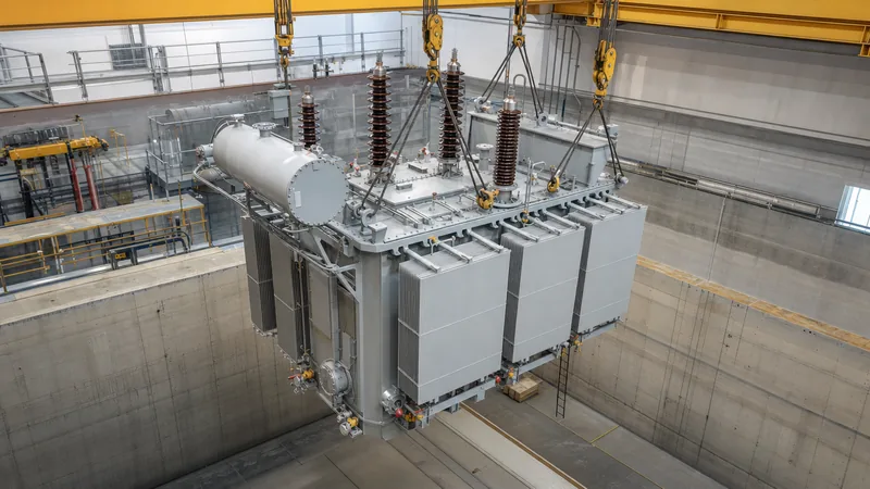 Industrial heavy electrical transformer weight assessment on factory hoist showing tank and bushings