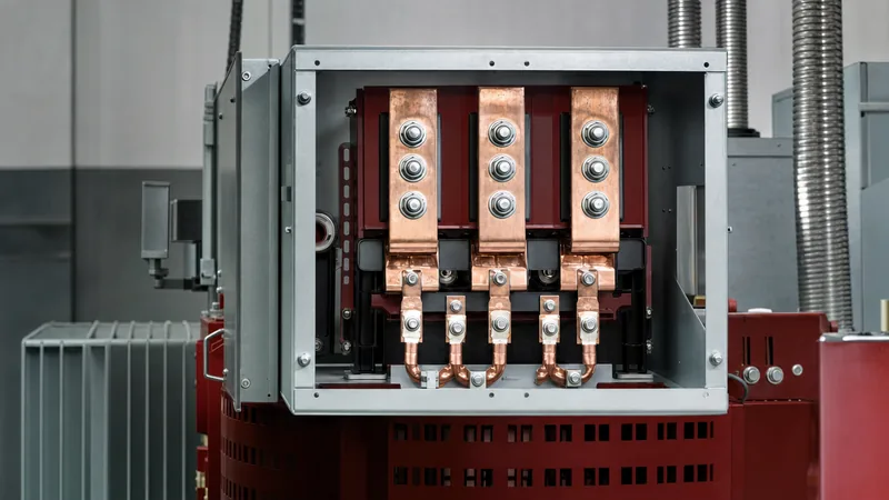 Industrial transformer wiring terminal compartment showing primary and secondary busbar hook ups