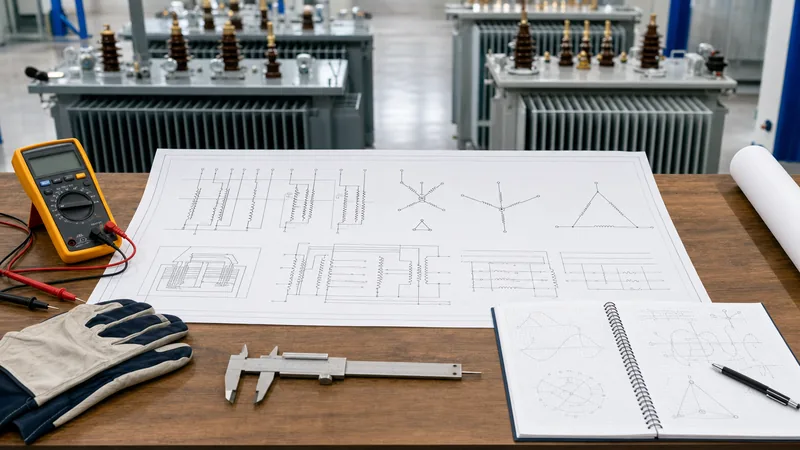 Detailed transformer wiring schematic blueprint on an engineering workbench with testing equipment