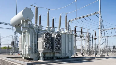 Large power transmission transformer installed in a high-voltage electrical utility substation