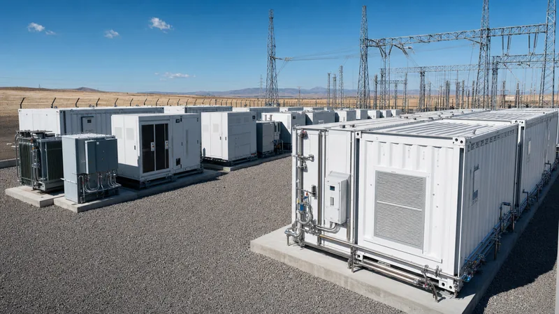 Utility scale battery storage installation with liquid-cooled containers and medium-voltage transformer skids