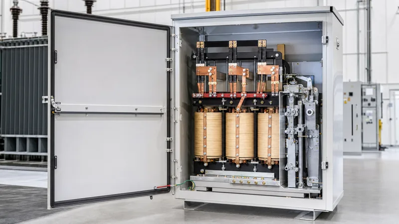 Industrial three-phase voltage changer adaptor transformer showing dry-type copper windings and terminal tap changer