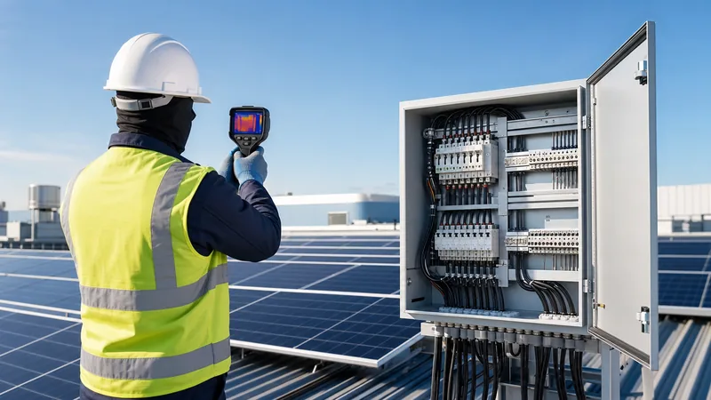 Electrical engineer inspecting commercial array to determine what is the maintenance cost of solar panels