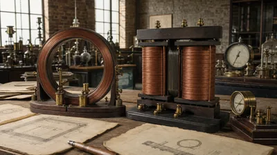 Historical timeline illustrating who invented transformer technology from Faraday 1831 to modern power units