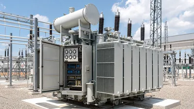 Substation power transformer with monitoring cabinet displaying winding temperature indicators and cooling radiators