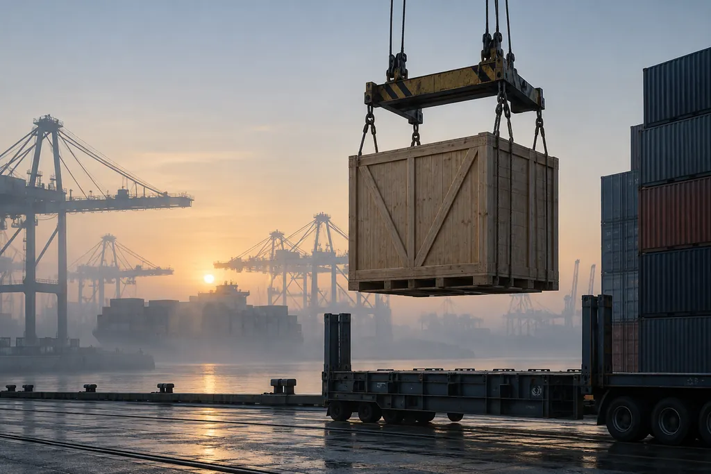 Crated power transformer being lifted for shipment at a port