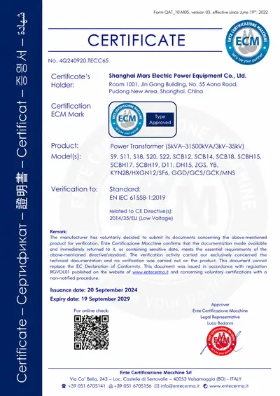 CE type approval certificate from ECM for MARS power transformers 5 kVA to 31,500 kVA