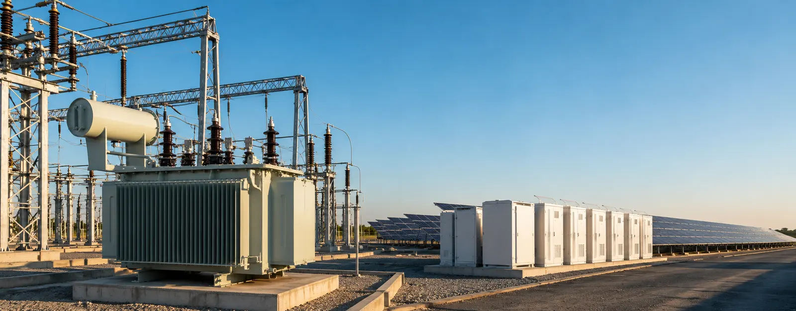 Oil-immersed power transformer in an outdoor substation beside a row of battery energy storage cabinets and a solar array