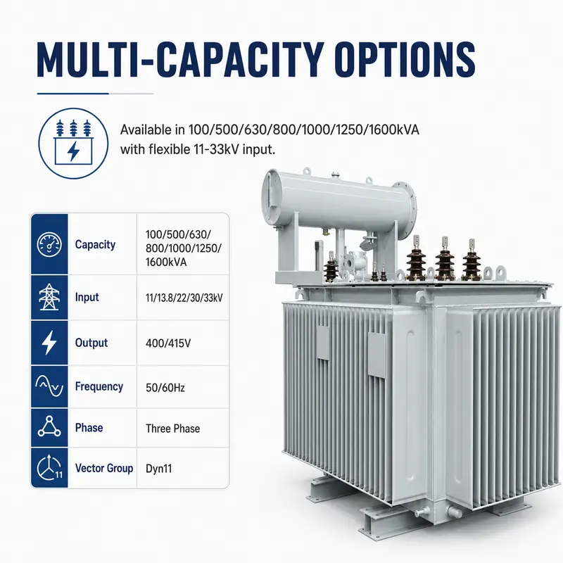 100–1600kVA 11/13.8/22/30/33kV Three-Phase Oil-Immersed Power Transformer — specification and nameplate detail