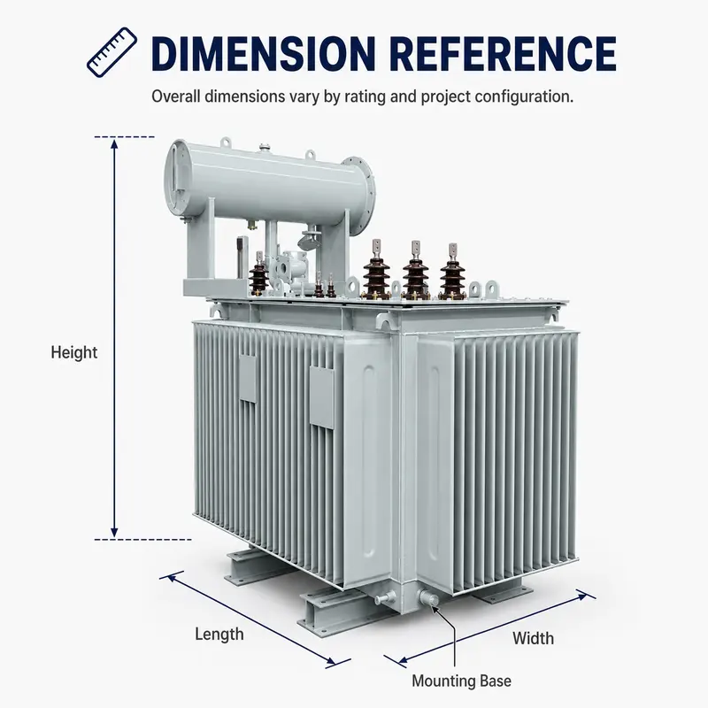 100–1600kVA 11/13.8/22/30/33kV Three-Phase Oil-Immersed Power Transformer — dimensions and layout