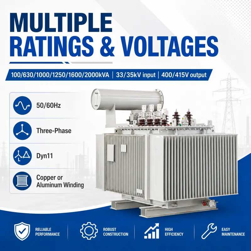 100–2000kVA 33/35kV Three-Phase Oil-Immersed Distribution Transformer — specification and nameplate detail