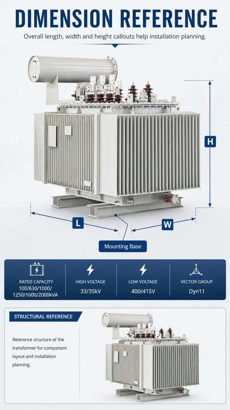 100–2000kVA 33/35kV Three-Phase Oil-Immersed Distribution Transformer — dimensions and layout