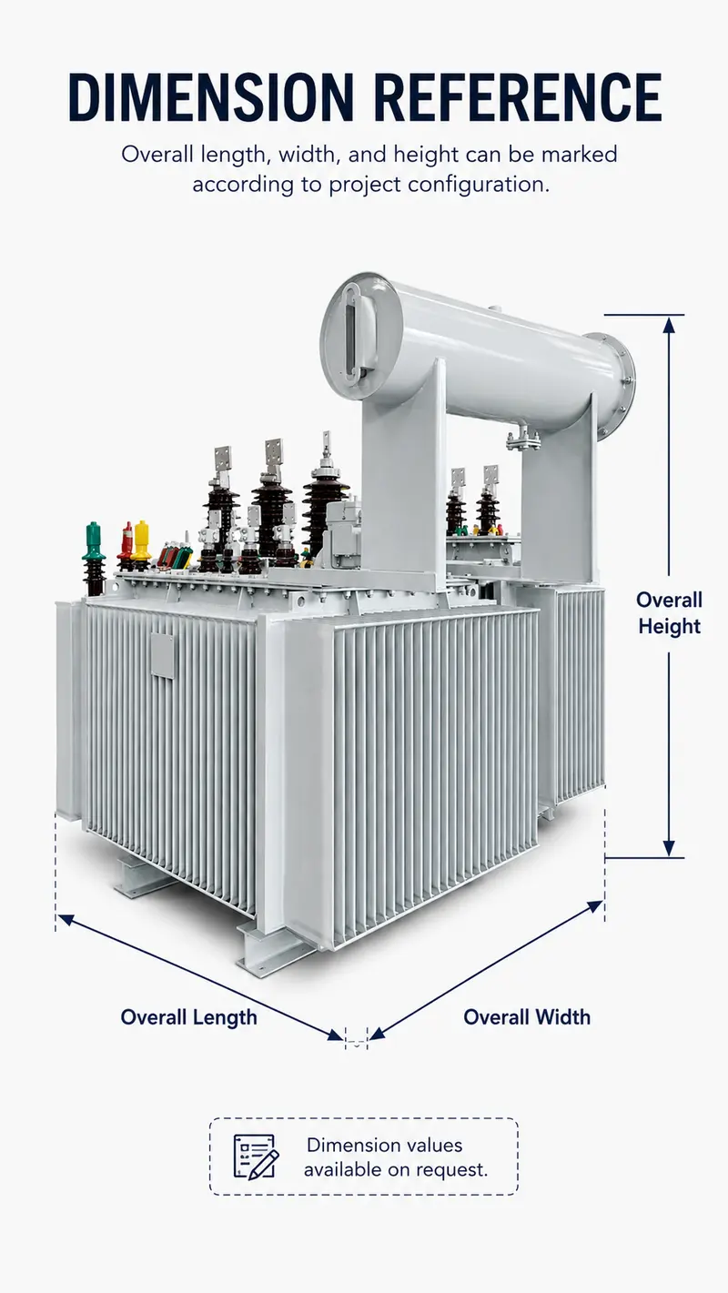 1000kVA 6.6kV/415V Low-Loss Three-Phase Oil-Immersed Distribution Transformer — dimensions and layout
