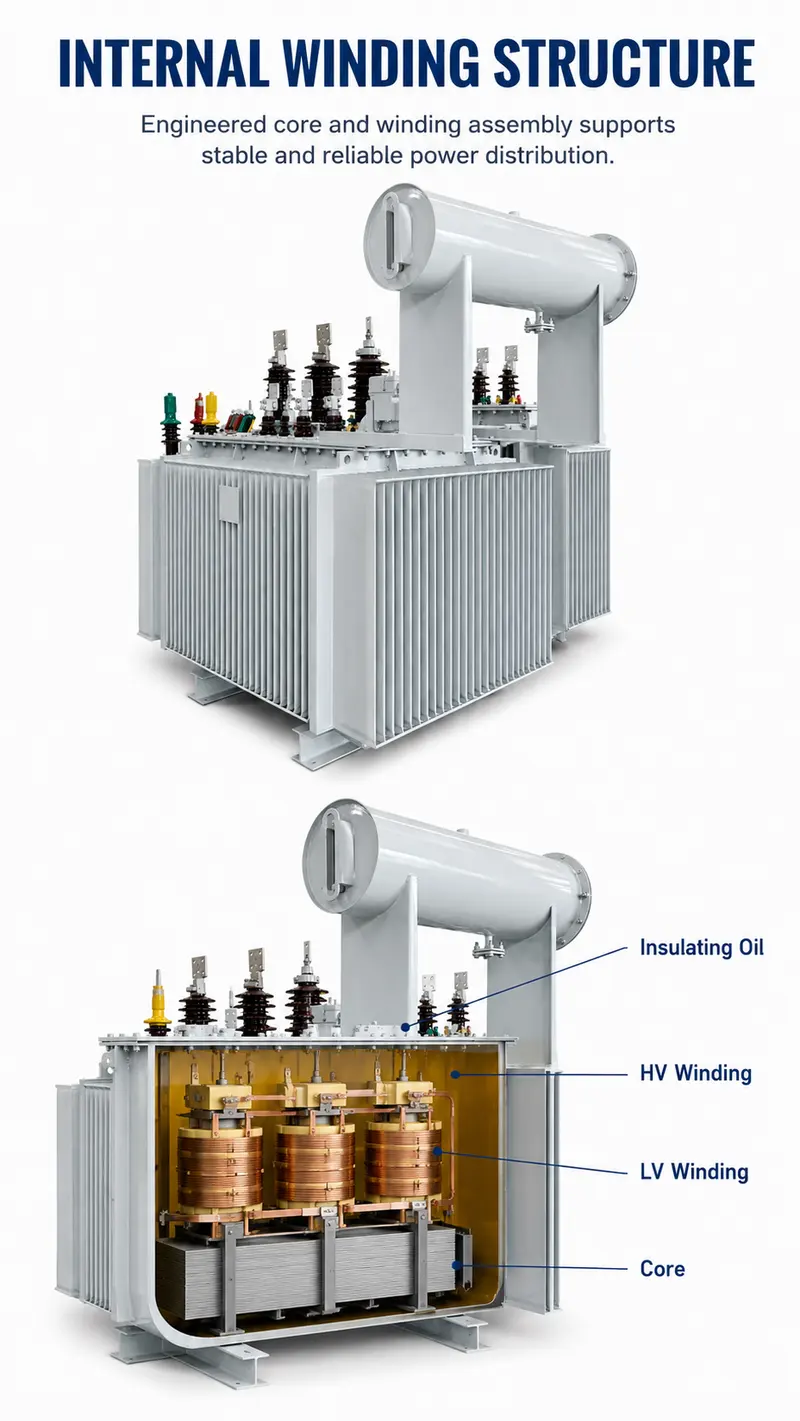 1000kVA 6.6kV/415V Low-Loss Three-Phase Oil-Immersed Distribution Transformer — internal structure