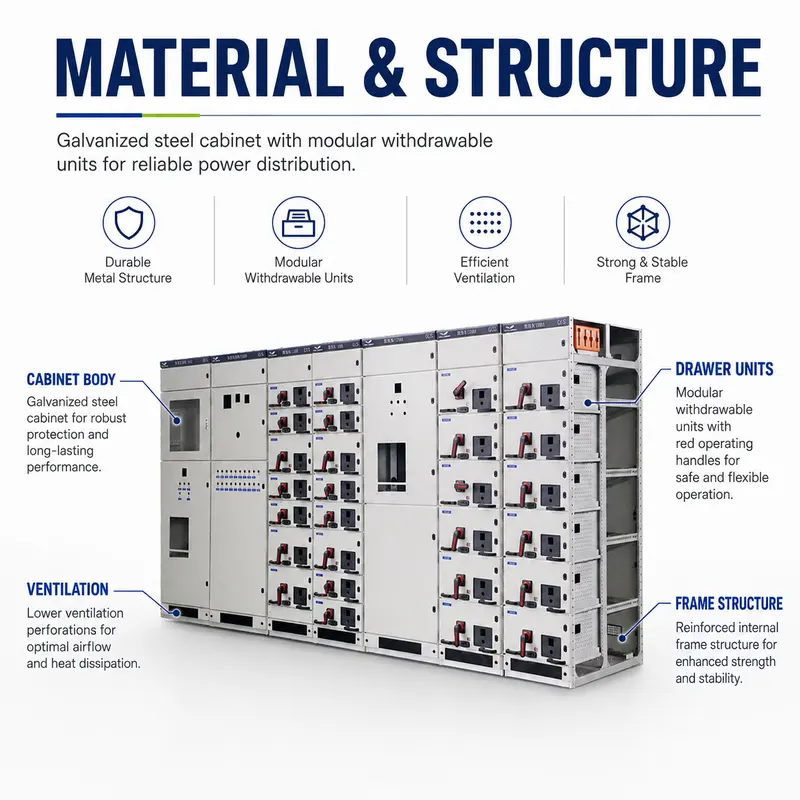 1000V Low Voltage Withdrawable Switchgear Panel (1600A, IP65, Galvanized Steel) — construction and materials detail