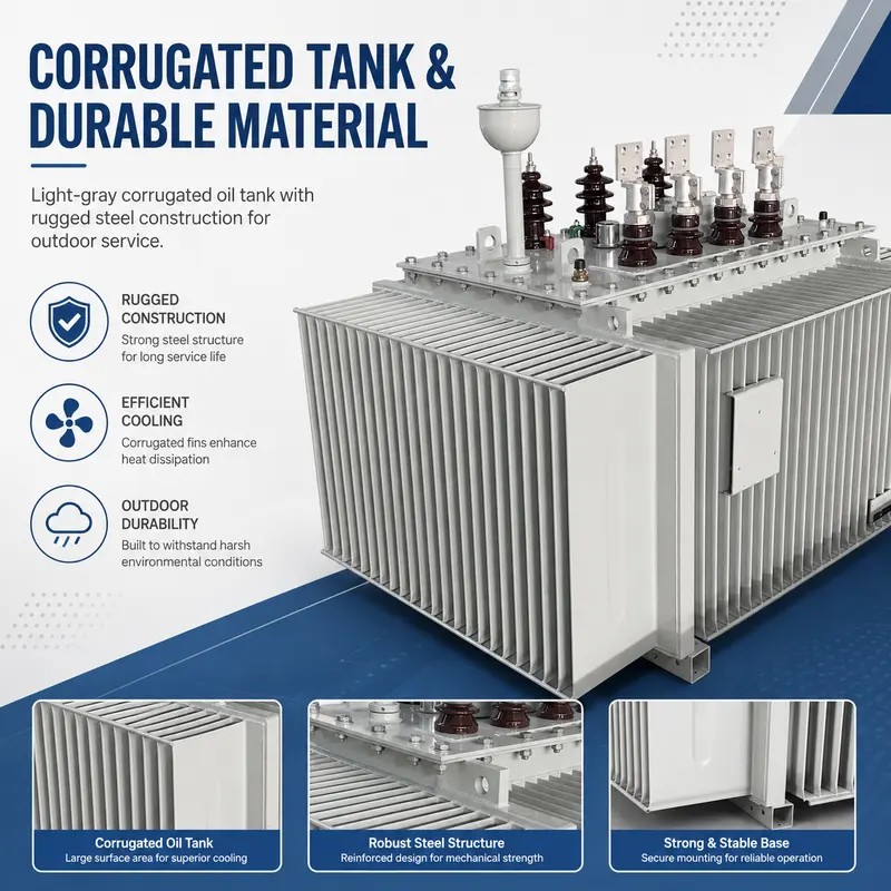 11/33kV to 400/415V Outdoor Three-Phase Oil-Immersed Power Transformer (15kVA–31500kVA) — construction and materials detail
