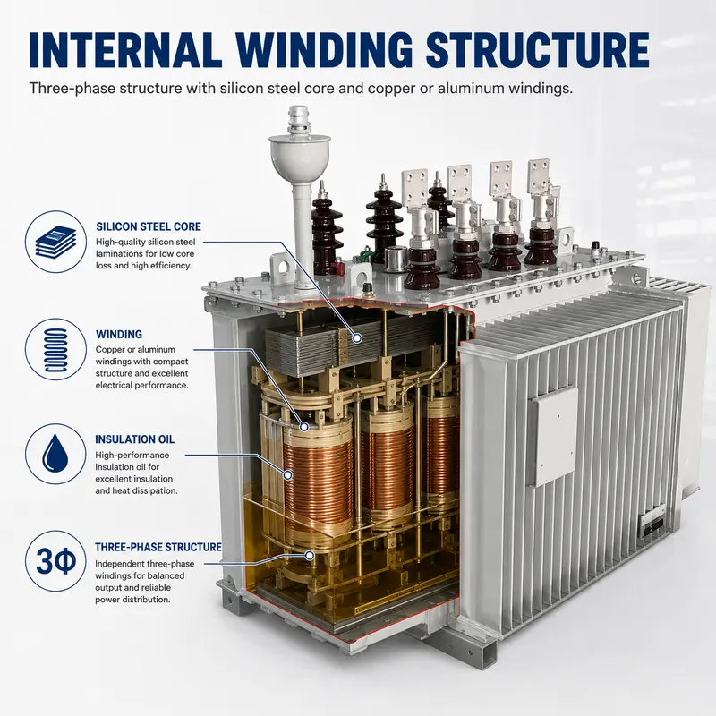 11/33kV to 400/415V Outdoor Three-Phase Oil-Immersed Power Transformer (15kVA–31500kVA) — internal structure