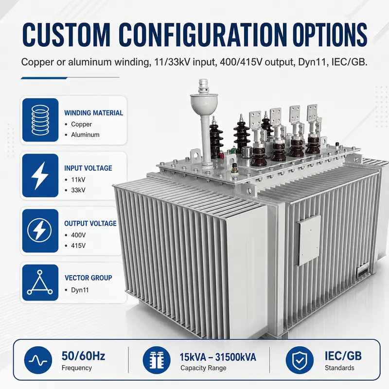 11/33kV to 400/415V Outdoor Three-Phase Oil-Immersed Power Transformer (15kVA–31500kVA) — customisation options