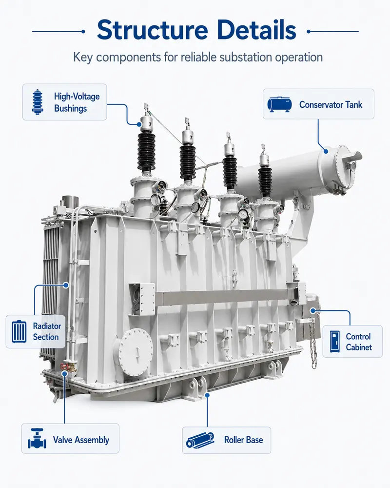 110 kV 12500 kVA Three-Phase Dual-Winding Oil-Immersed Power Transformer — internal structure