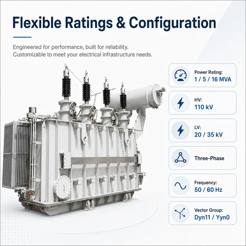 110 kV Three-Phase Oil-Immersed Power Transformer 1 / 5 / 16 MVA — specification and nameplate detail