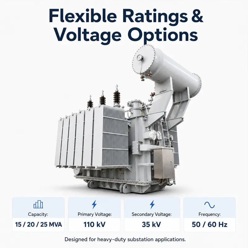 110 kV Three-Phase Oil-Immersed Power Transformer 15 / 20 / 25 MVA — specification and nameplate detail
