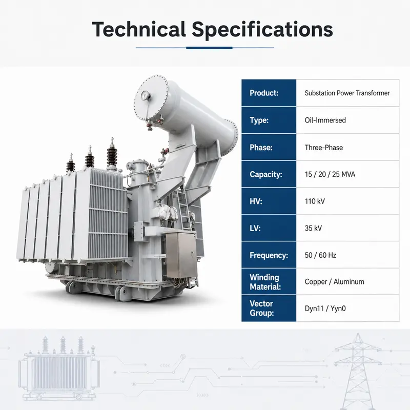 110 kV Three-Phase Oil-Immersed Power Transformer 15 / 20 / 25 MVA — dimensions and layout
