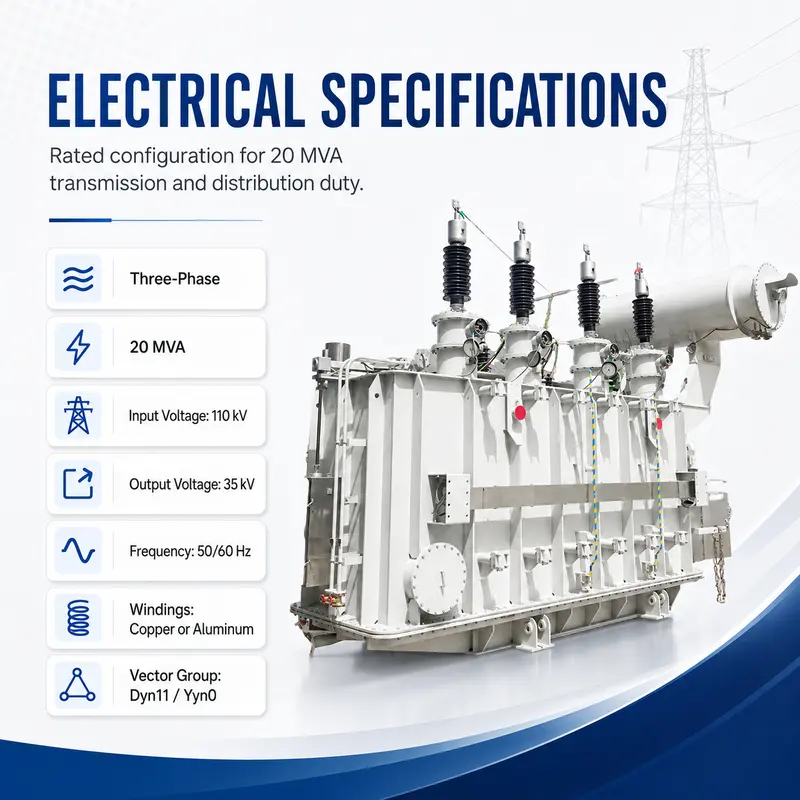 110kV 20MVA Three-Phase Oil-Immersed Power Transformer (110kV / 35kV, Dyn11) — specification and nameplate detail