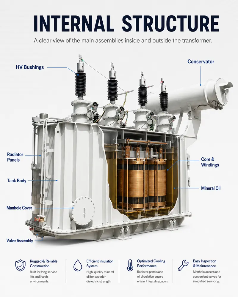110kV 20MVA Three-Phase Oil-Immersed Power Transformer (110kV / 35kV, Dyn11) — internal structure