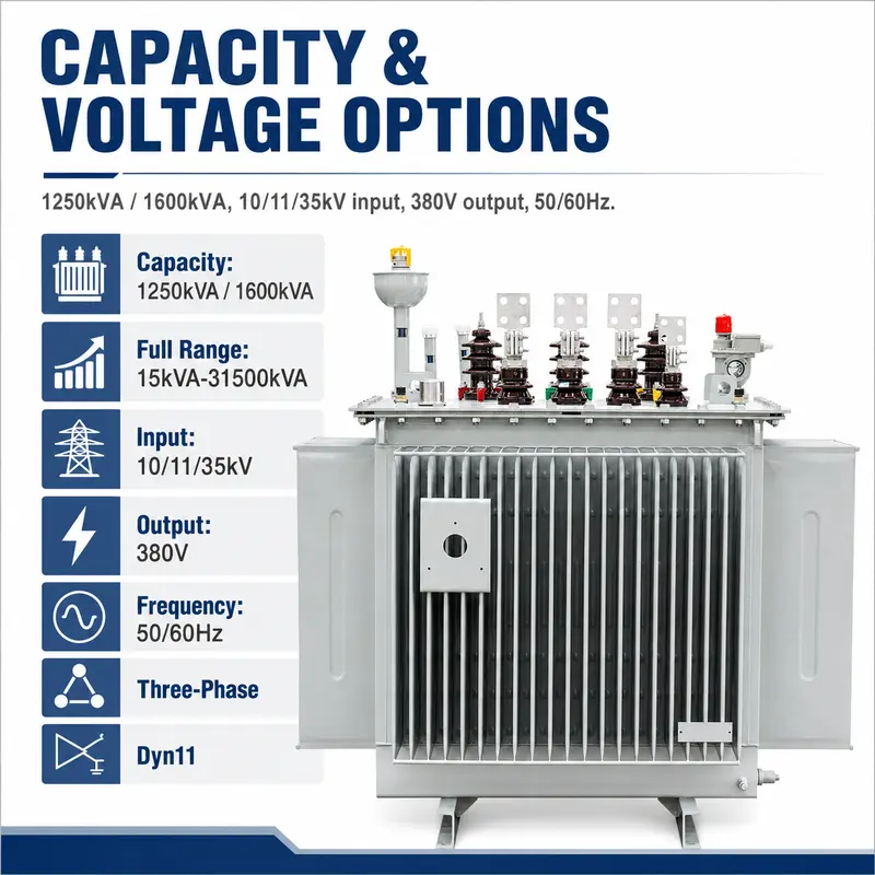 1250kVA & 1600kVA Three-Phase Oil-Immersed Step-Up / Step-Down Power Transformer (CE) — specification and nameplate detail