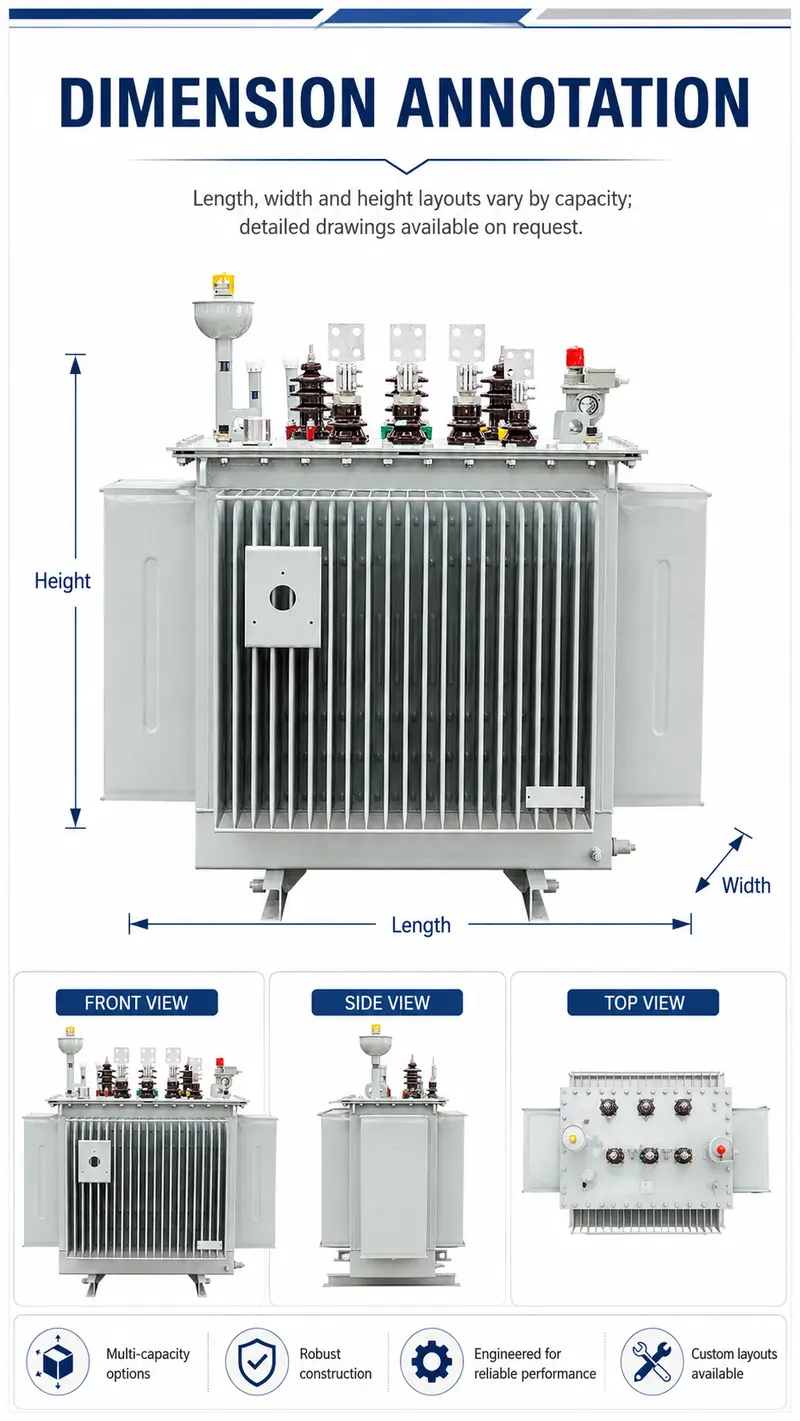 1250kVA & 1600kVA Three-Phase Oil-Immersed Step-Up / Step-Down Power Transformer (CE) — dimensions and layout