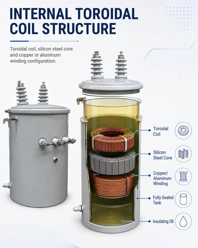 15/16/25/37.5/50kVA Single-Phase Pole-Mounted Toroidal-Coil Distribution Transformer — internal structure