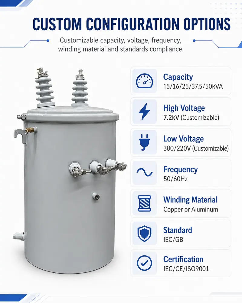 15/16/25/37.5/50kVA Single-Phase Pole-Mounted Toroidal-Coil Distribution Transformer — customisation options