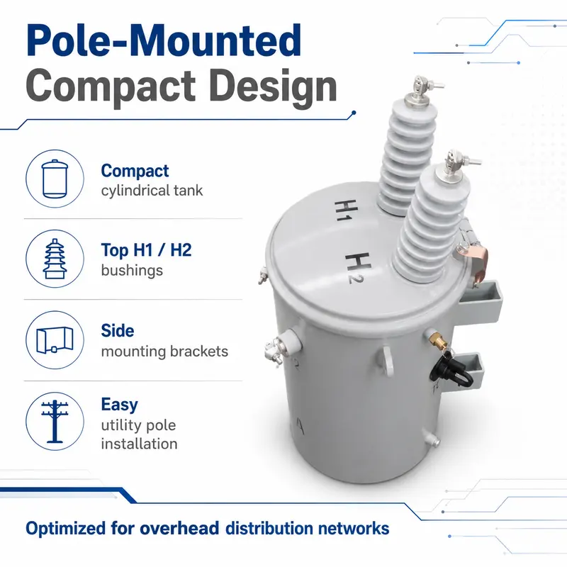 15–333 kVA Single-Phase Oil-Filled Pole-Mounted Distribution Transformer — construction and materials detail