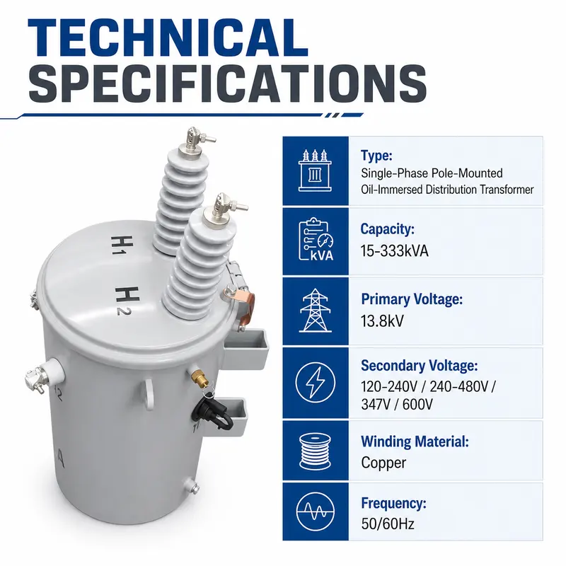 15–333 kVA Single-Phase Oil-Filled Pole-Mounted Distribution Transformer — dimensions and layout