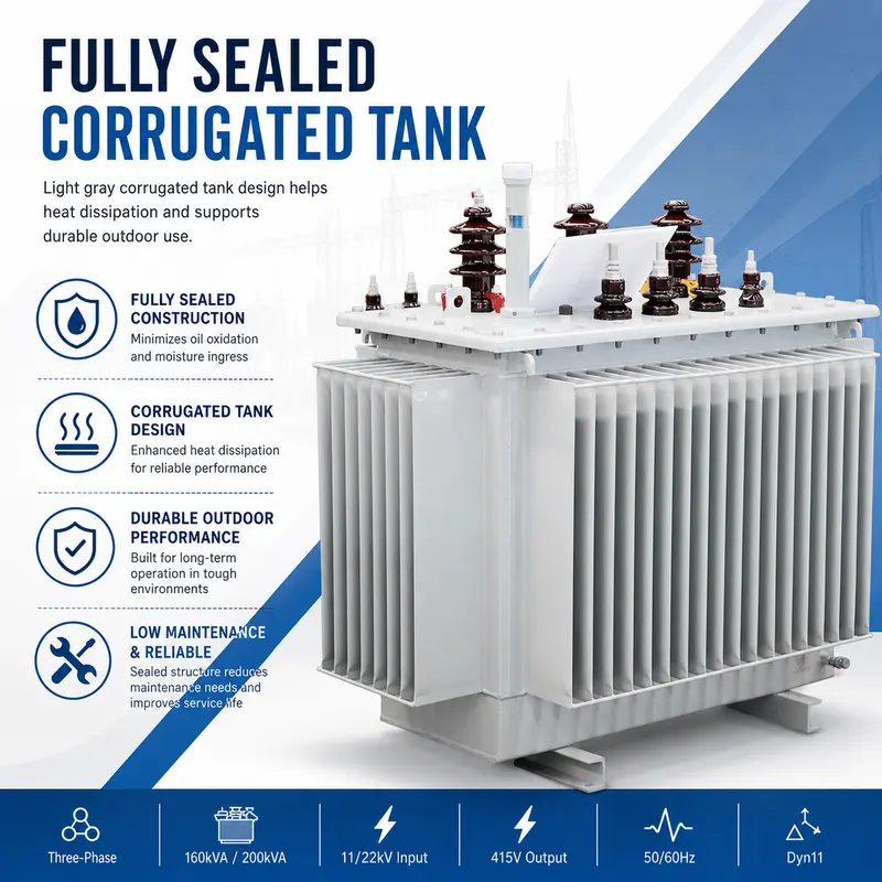 160kVA & 200kVA 11/22kV to 415V Three-Phase Oil-Immersed Distribution Transformer — construction and materials detail