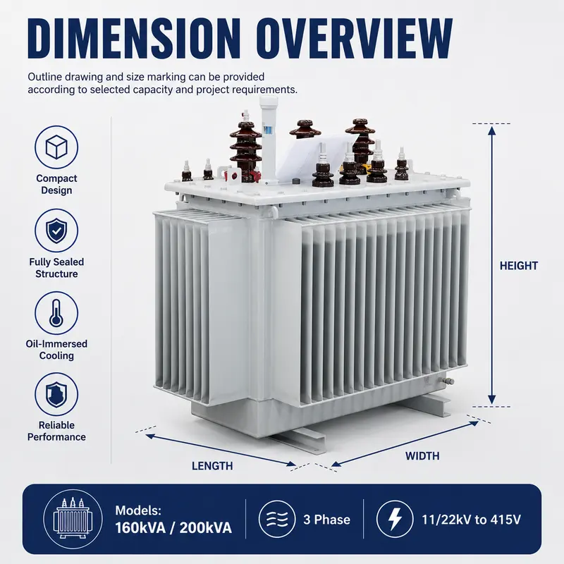 160kVA & 200kVA 11/22kV to 415V Three-Phase Oil-Immersed Distribution Transformer — dimensions and layout
