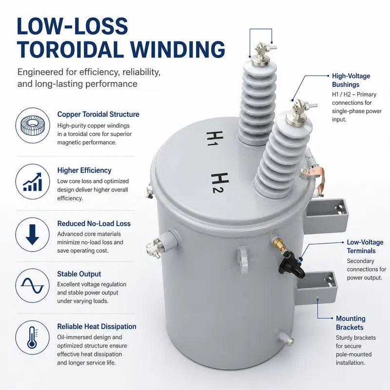 167 kVA Low-Loss Toroidal Single-Phase Pole-Mounted Distribution Transformer — construction and materials detail