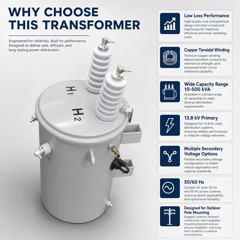 167 kVA Low-Loss Toroidal Single-Phase Pole-Mounted Distribution Transformer — customisation options