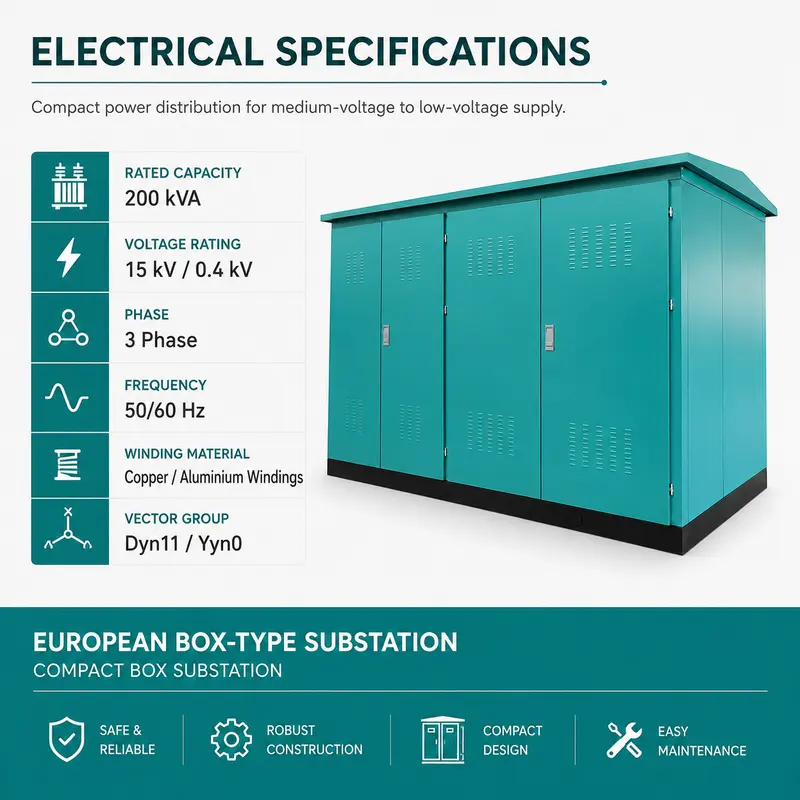 200 kVA 15/0.4 kV Compact Box-type Substation — specification and nameplate detail