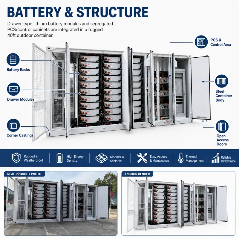 20ft/40ft Containerized Energy Storage System (1–5MWh, Liquid-Cooled BESS, IP67) — construction and materials detail