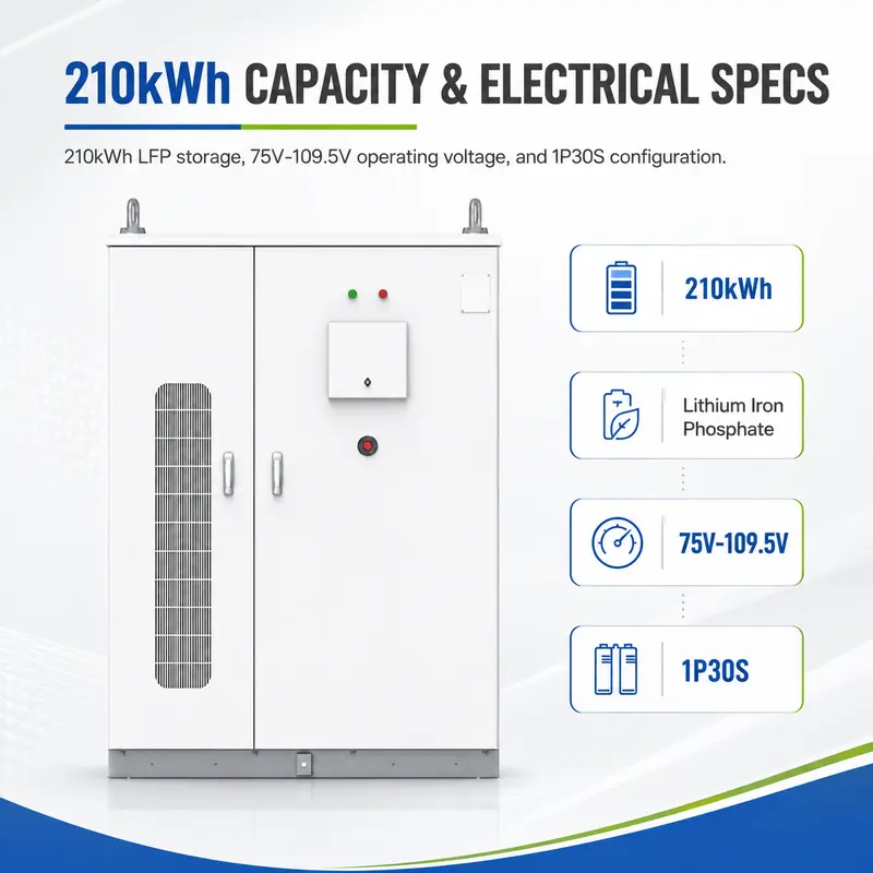 210kWh Integrated Liquid-Cooled Energy Storage System — Lithium-Ion Battery Cabinet — specification and nameplate detail